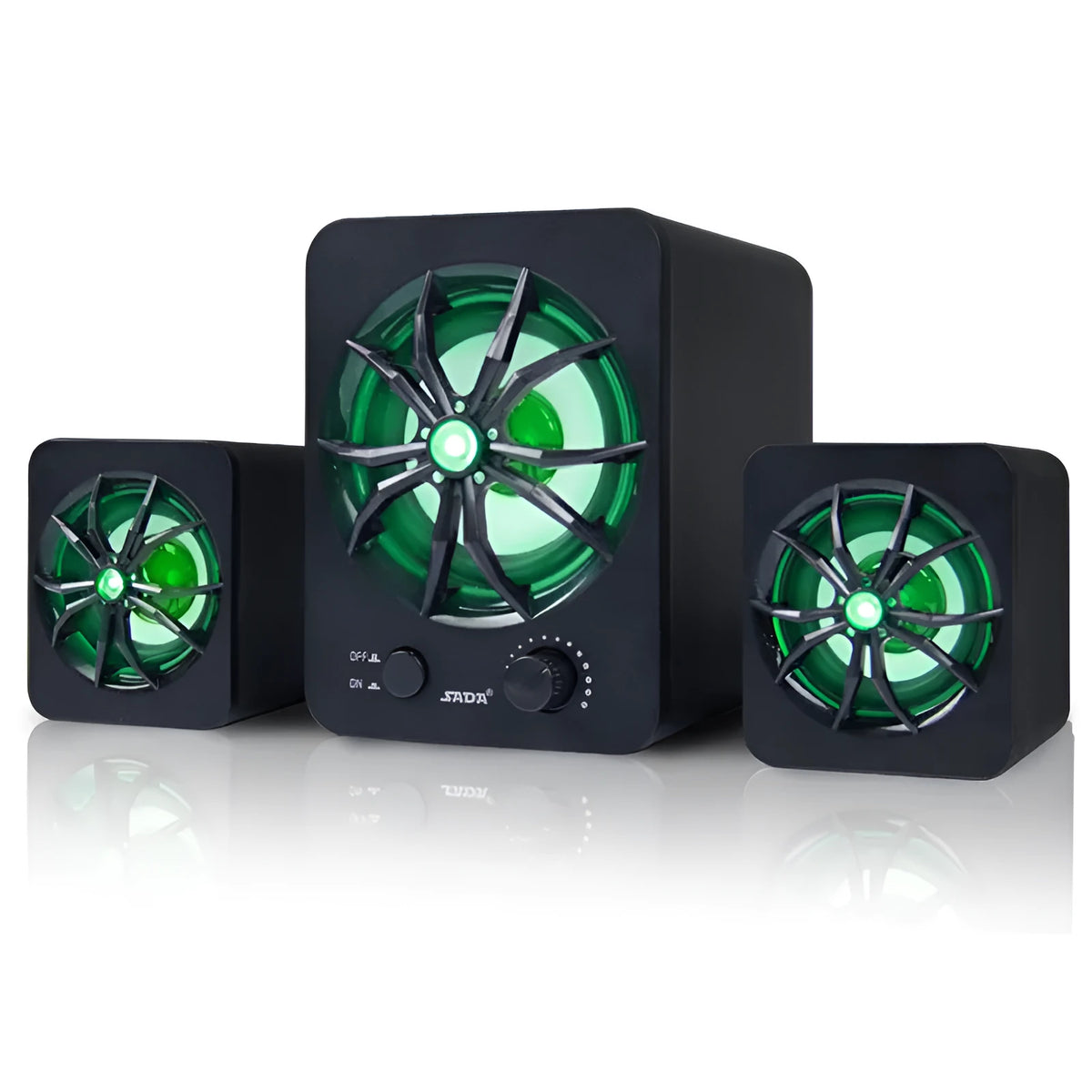 Green 2.1 USB computer speaker with colourful glowing lights and dual connectivity ports
