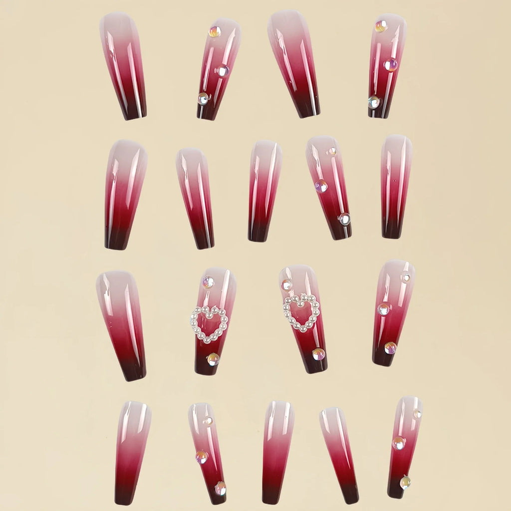 Wine red gradient false nail tips with heart pearl design and plaid pattern