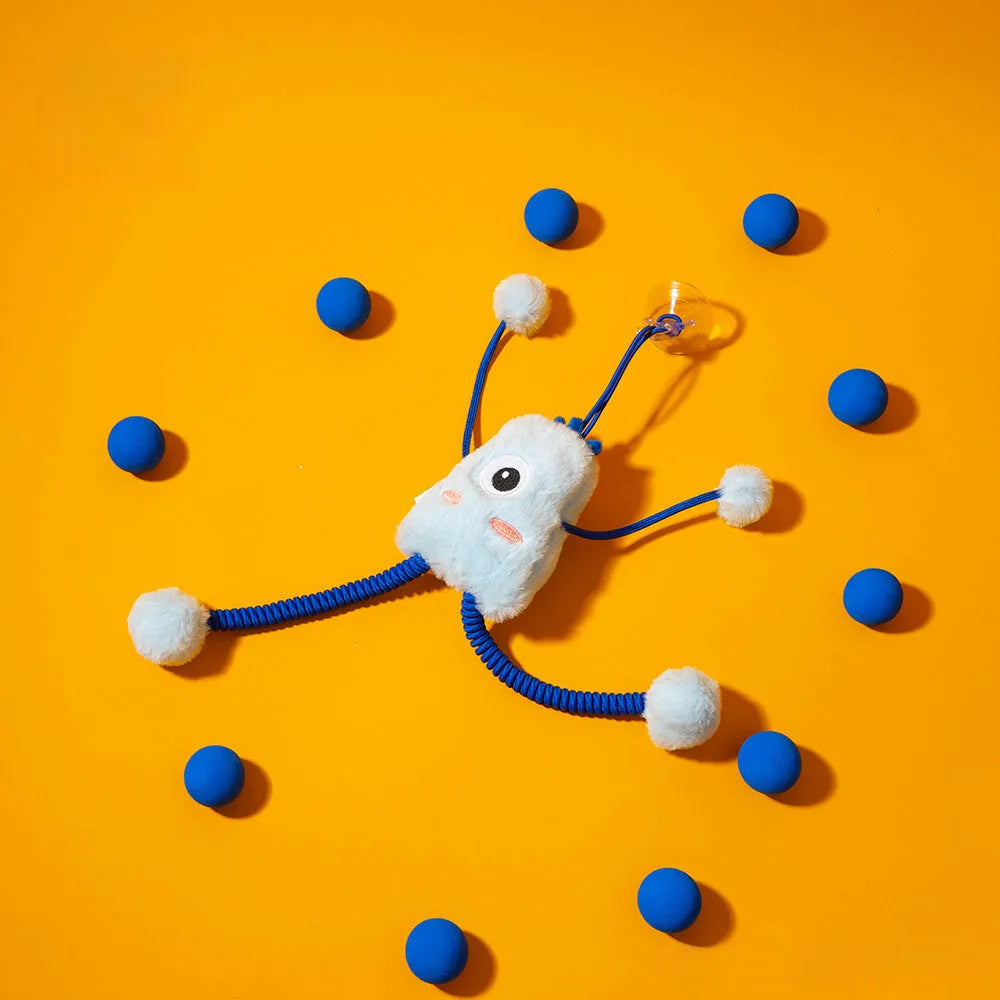 Blue telescopic elastic plush cat toy with a mint bell ring on a 30cm diameter loop.