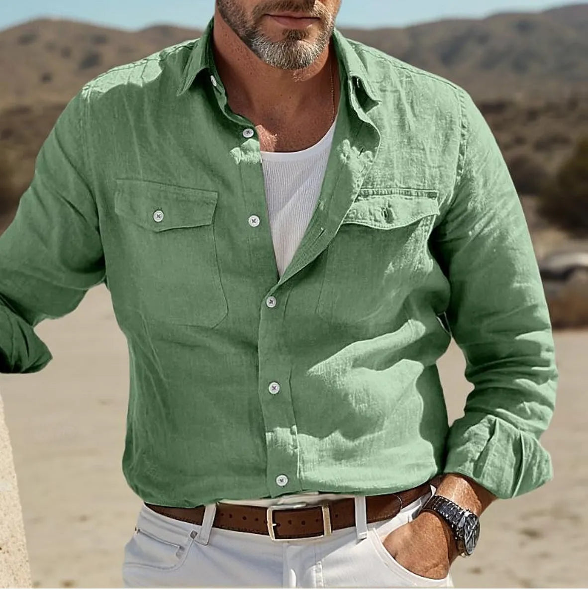 Men's long-sleeved cotton and linen summer shirt in solid green colour with loose fit
