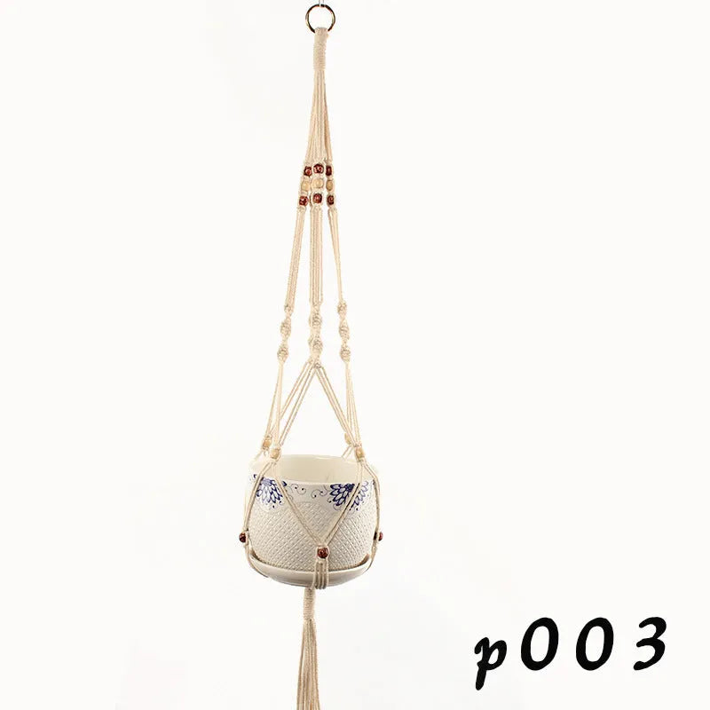 Cotton rope woven wire basket planter shown in desktop, wall hanging, and hanging configurations