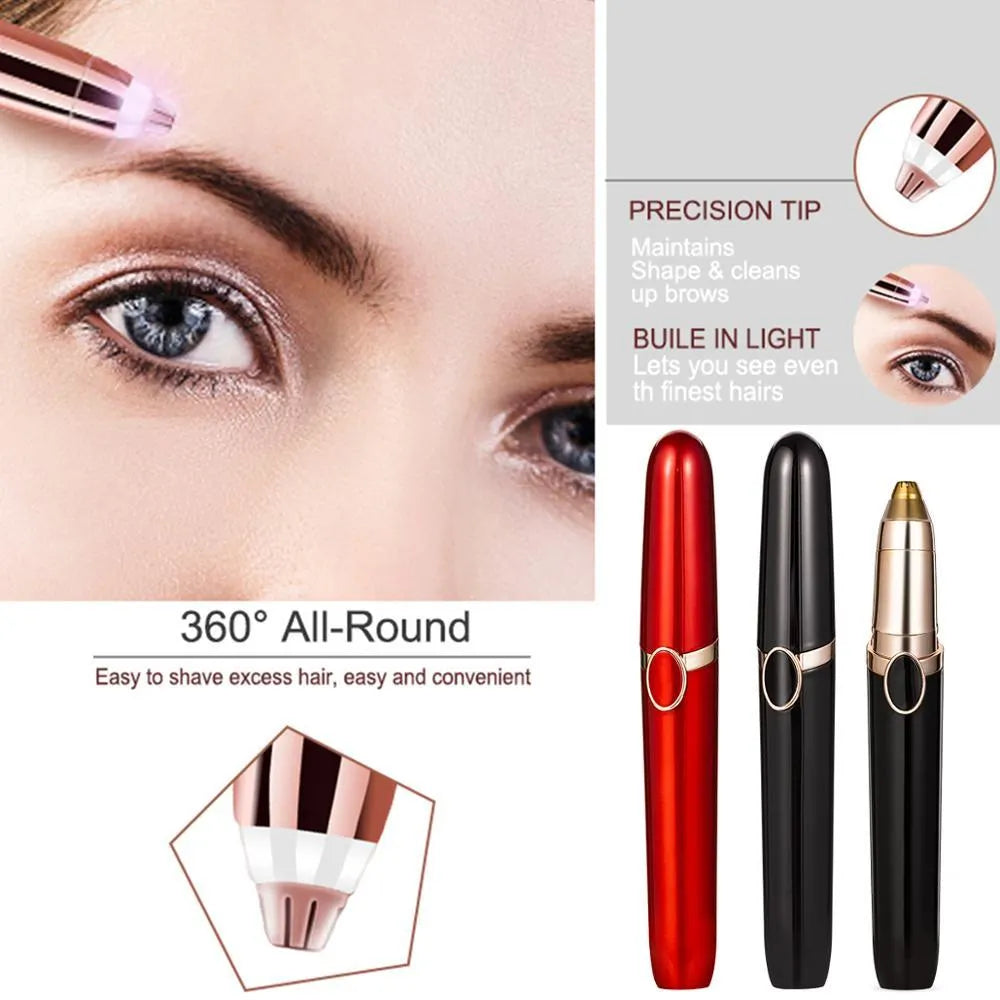 Multifunction eyebrow trimmer in white, black, or red, compact 10.5cm box size, standard or rechargeable version.