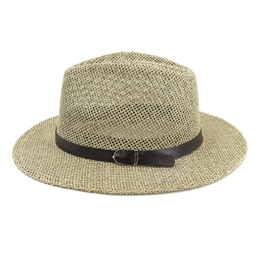 Khaki salty grass Panama sun hat with bell crown, size M 56-58cm, unisex summer beach hat