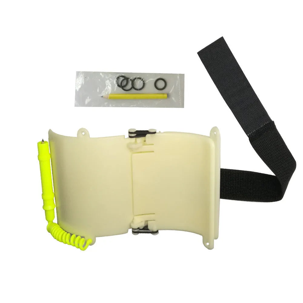 White luminous underwater writing wristboard for diving with pencil and o-ring.