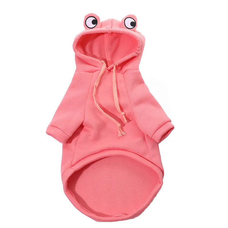 Green frog pattern hoodie on a small dog, showing hood and soft material, for Halloween cosplay.