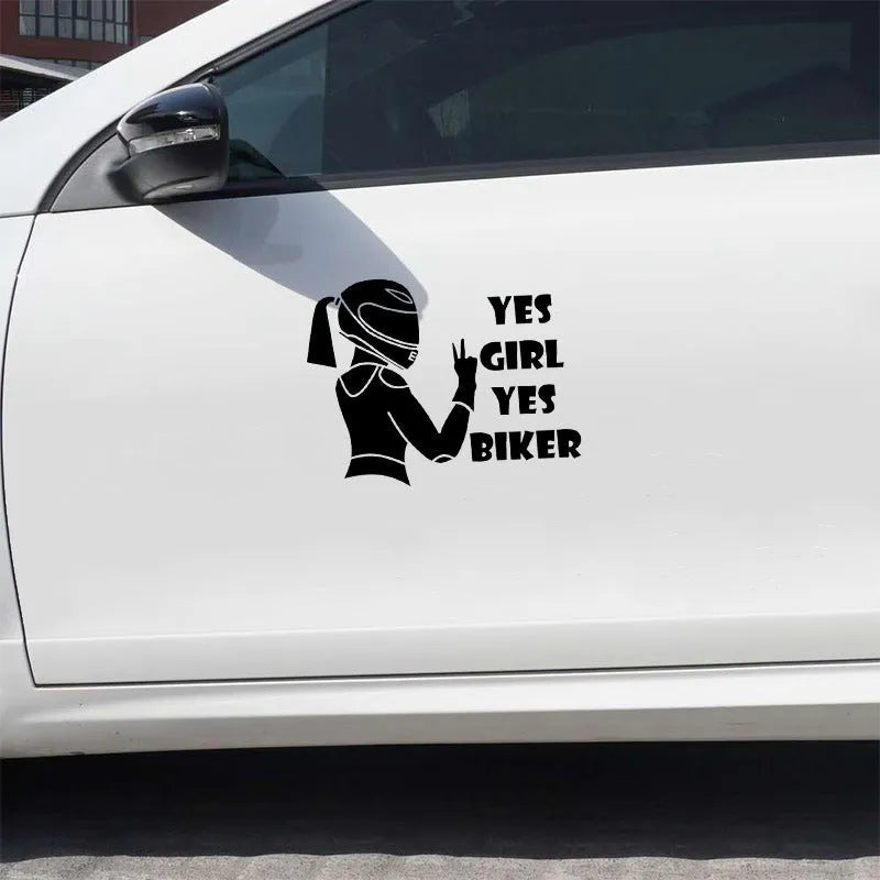 Cool girl rider character car waterproof sticker in black, white, and laser colours