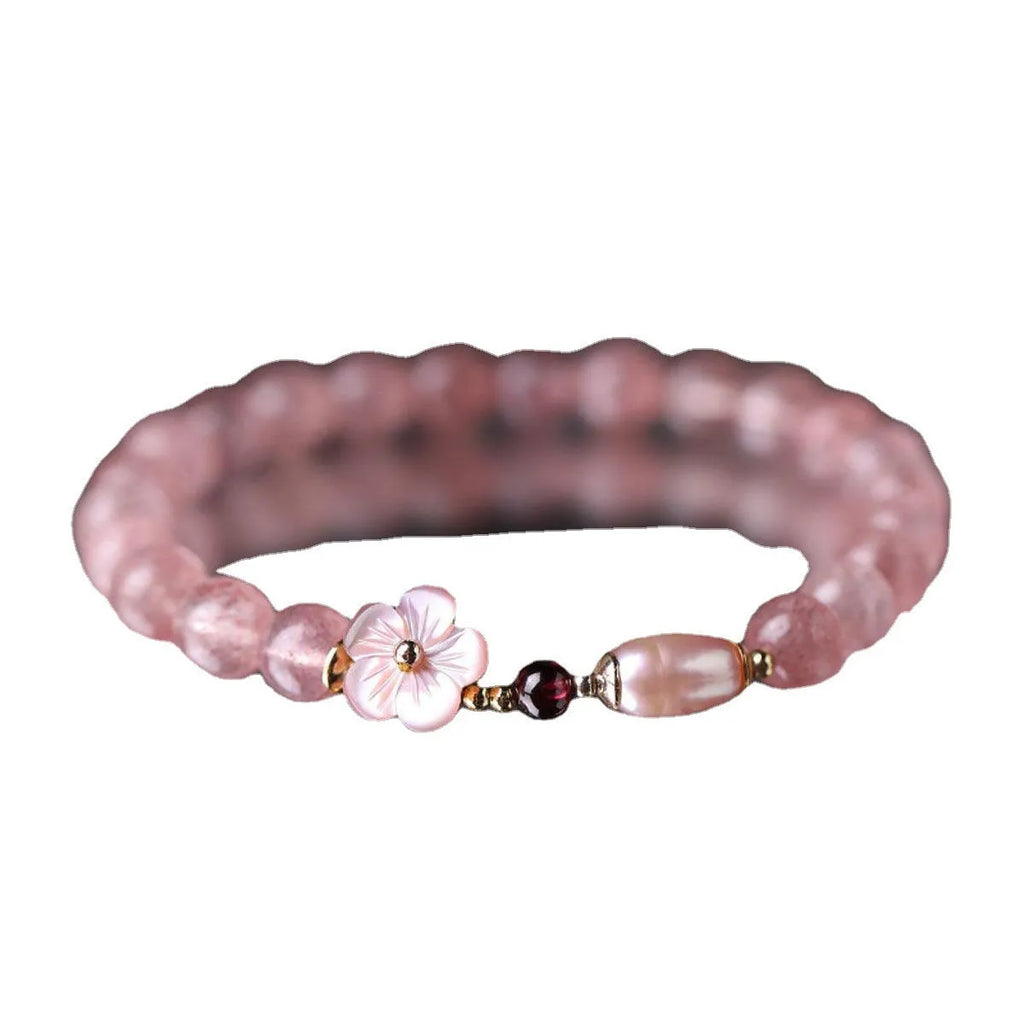 Strawberry quartz peach blossom bracelet with flower-shaped beads and silver-plated adjustable fittings