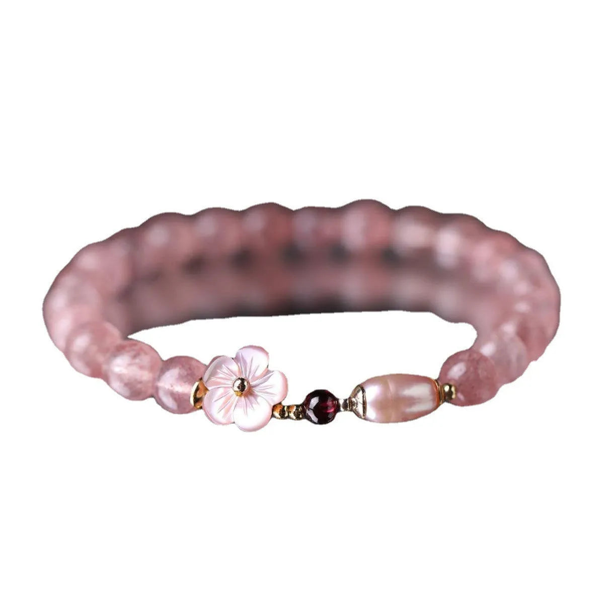Strawberry quartz peach blossom bracelet with flower-shaped beads and silver-plated adjustable fittings