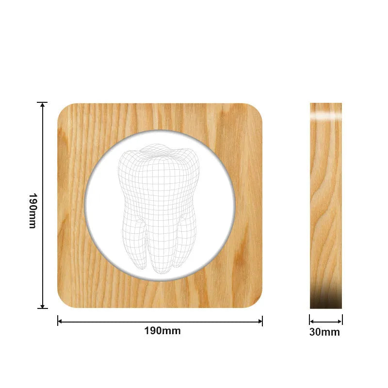 Tooth-shaped wooden acrylic night lamp with warm finish measuring 190x190x30mm