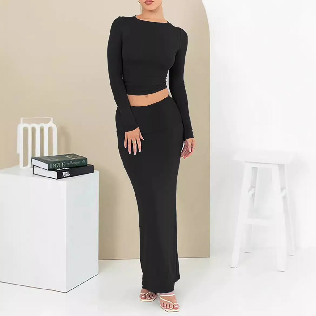Women's sweet style polyester two-piece suit set with crop top and long skirt in autumn colours.