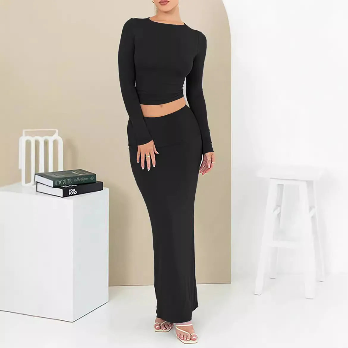 Women's sweet style polyester two-piece suit set with crop top and long skirt in autumn colours.