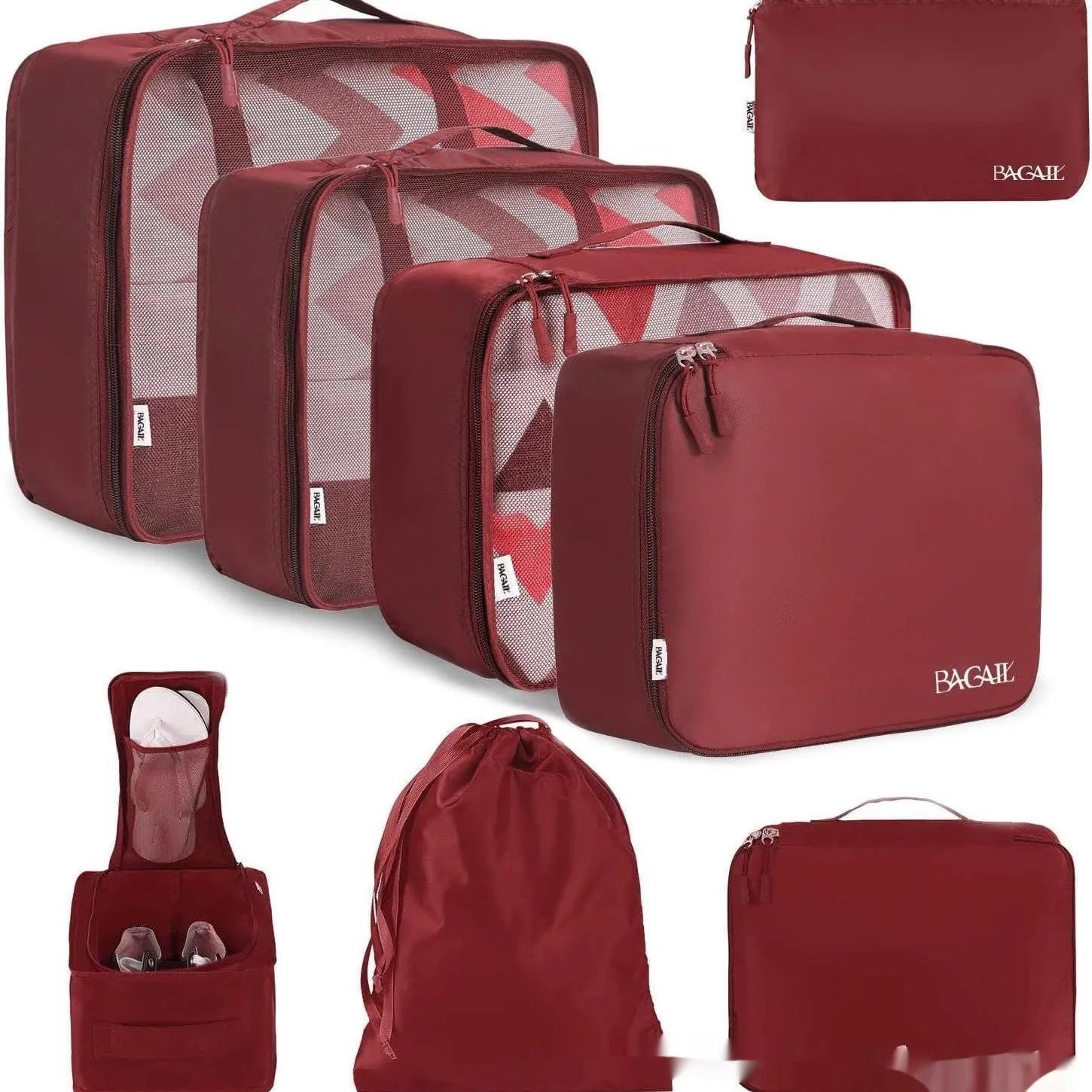 Cubic eight-piece travel packing set showing compression bags in various colours including beige, black, and pink leopard print
