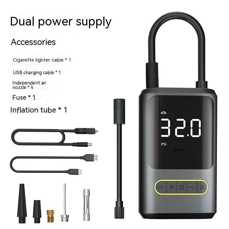 Handheld wireless digital car air pump with display screen, lithium battery power and multiple air nozzles