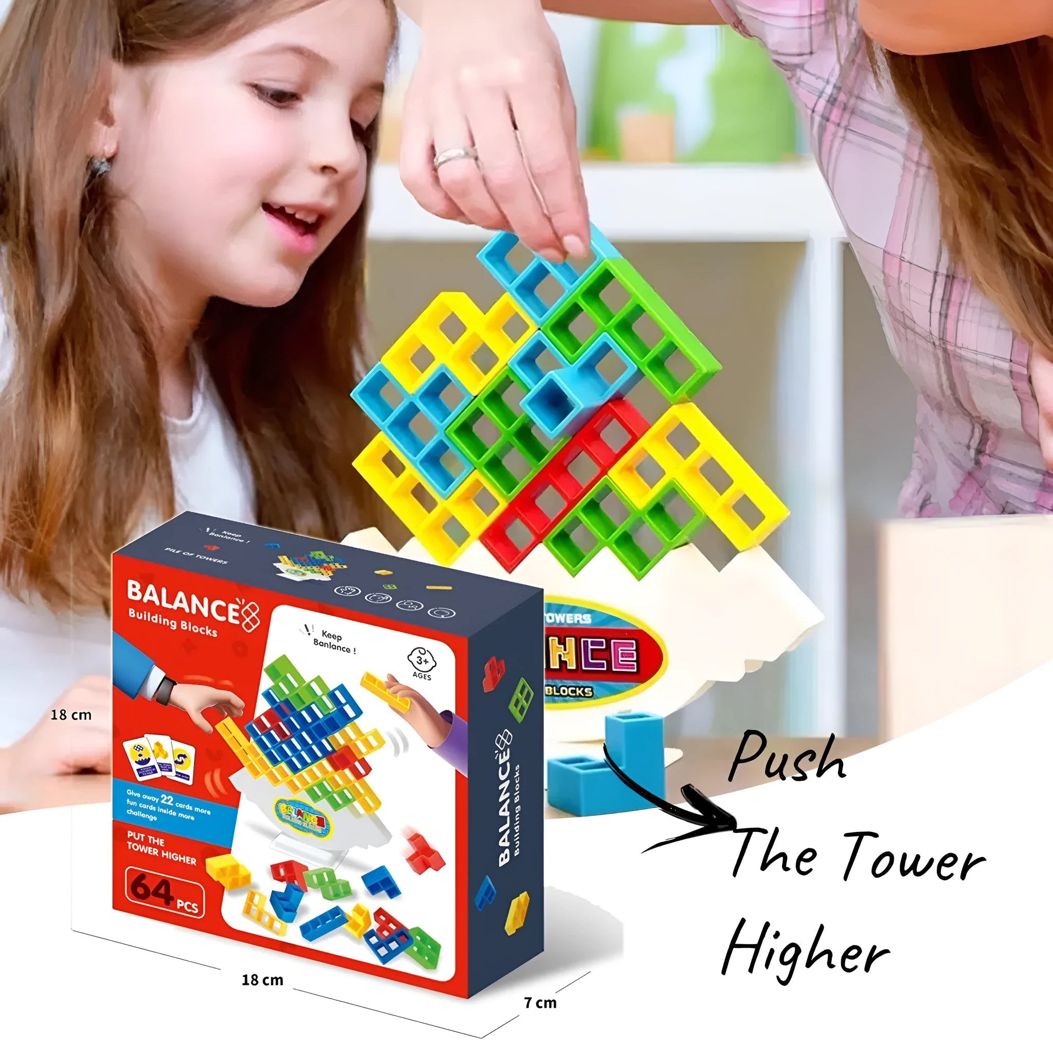 Plastic balance stacking board game with 16 colourful blocks on chassis and base