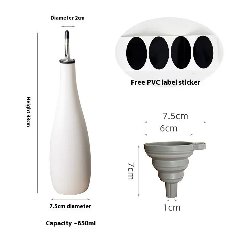 Ceramic oil pot with brush and funnel in black, coffee, or white colour, 650ml capacity.