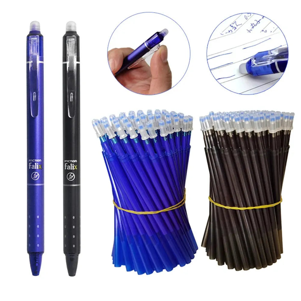 Blue and black hot erasable push gel pen with 0.5mm stainless steel nib for school students.