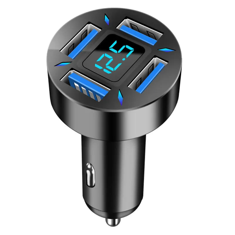 Black four-port USB car charger with LED digital display plugged into a vehicle socket.