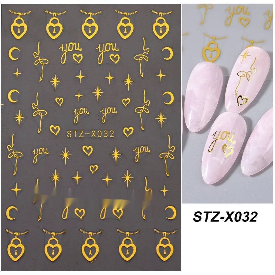 Cartoon love pattern nail art sticker decals in black and silver colours on a plastic sheet.