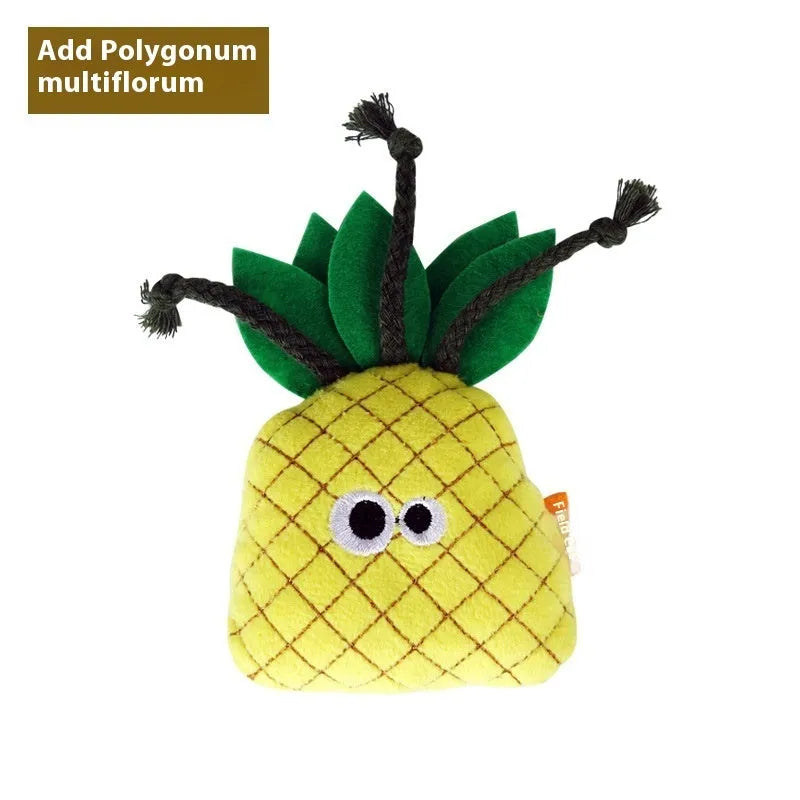 Six colourful polygonum multiflorum shaped cat toys: burrito, cone, cucumber, mushroom, pineapple, and pizza designs