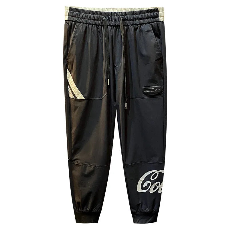 Men's black ultra-thin ice silk ankle banded cropped trousers casual cotton pants