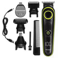 Black rechargeable electric hair clipper set with USB cable and stainless steel blade