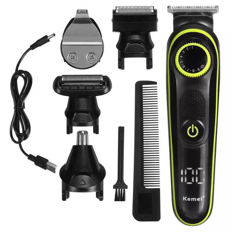 Black rechargeable electric hair clipper set with USB cable and stainless steel blade