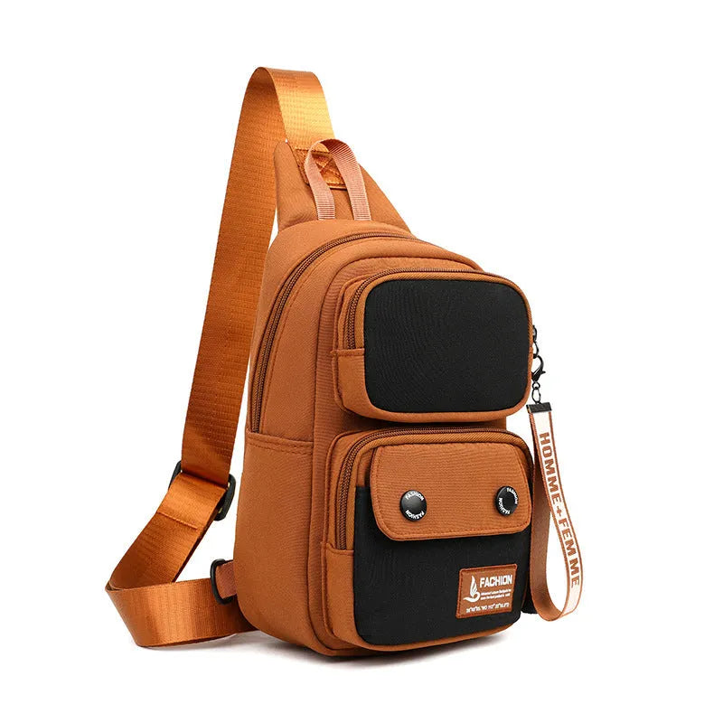 Nylon crossbody shoulder bag with contrast colour options and letter pattern detailing