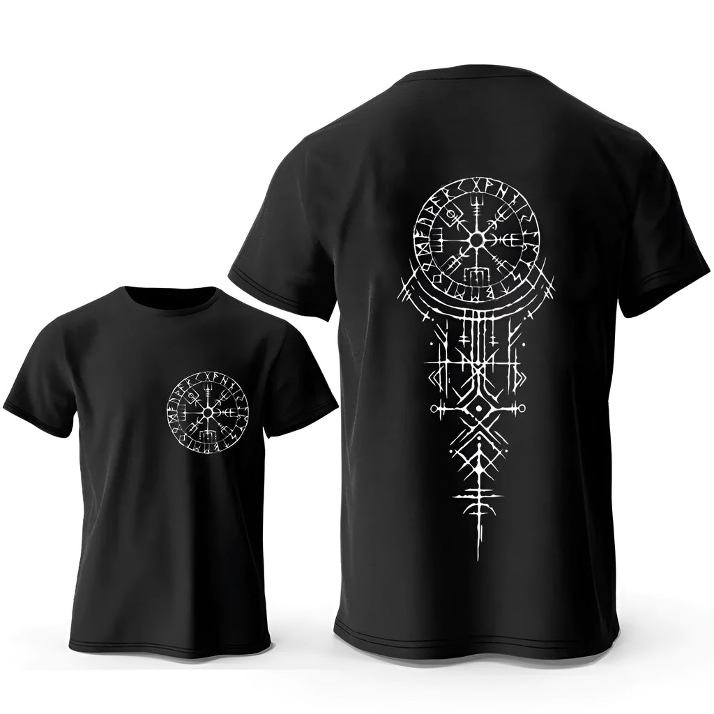 Men's grey cotton T-shirt featuring a detailed black and white Viking rune compass graphic on the chest.