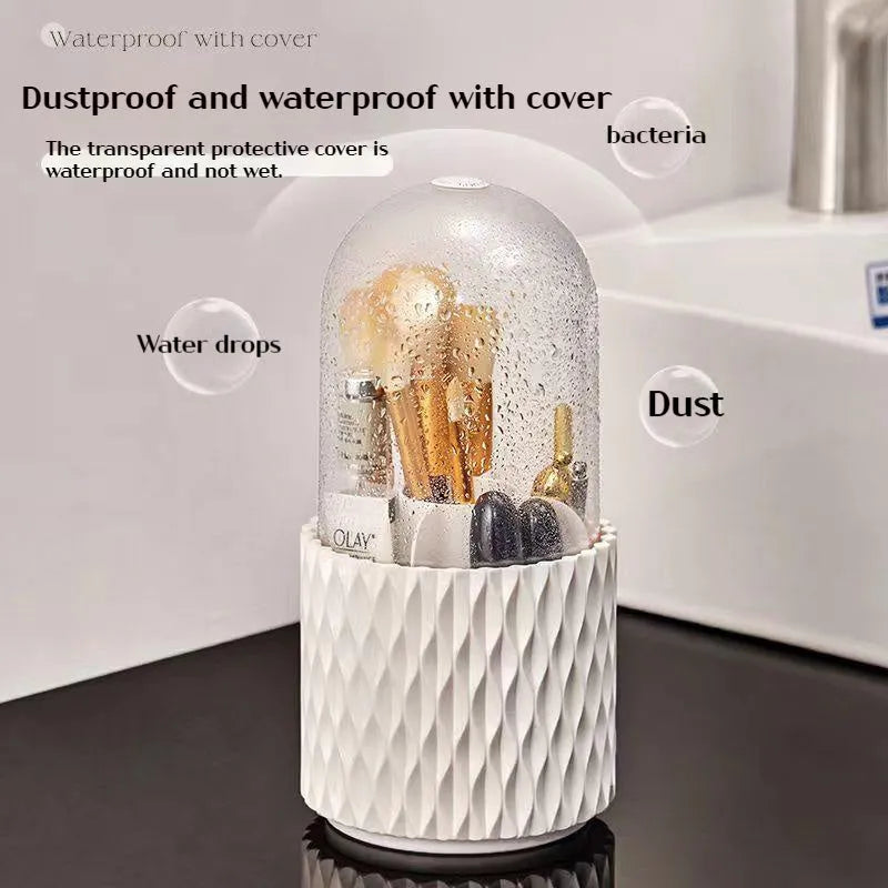 Transparent acrylic makeup brush storage box with rotating base and dustproof lid