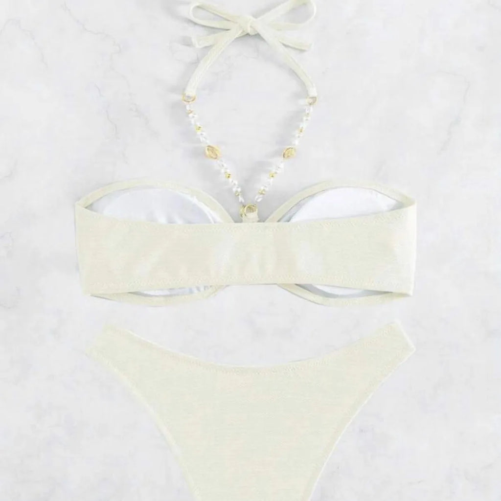Women's solid colour halter bikini in creamy-white, green, black or pink for swimming