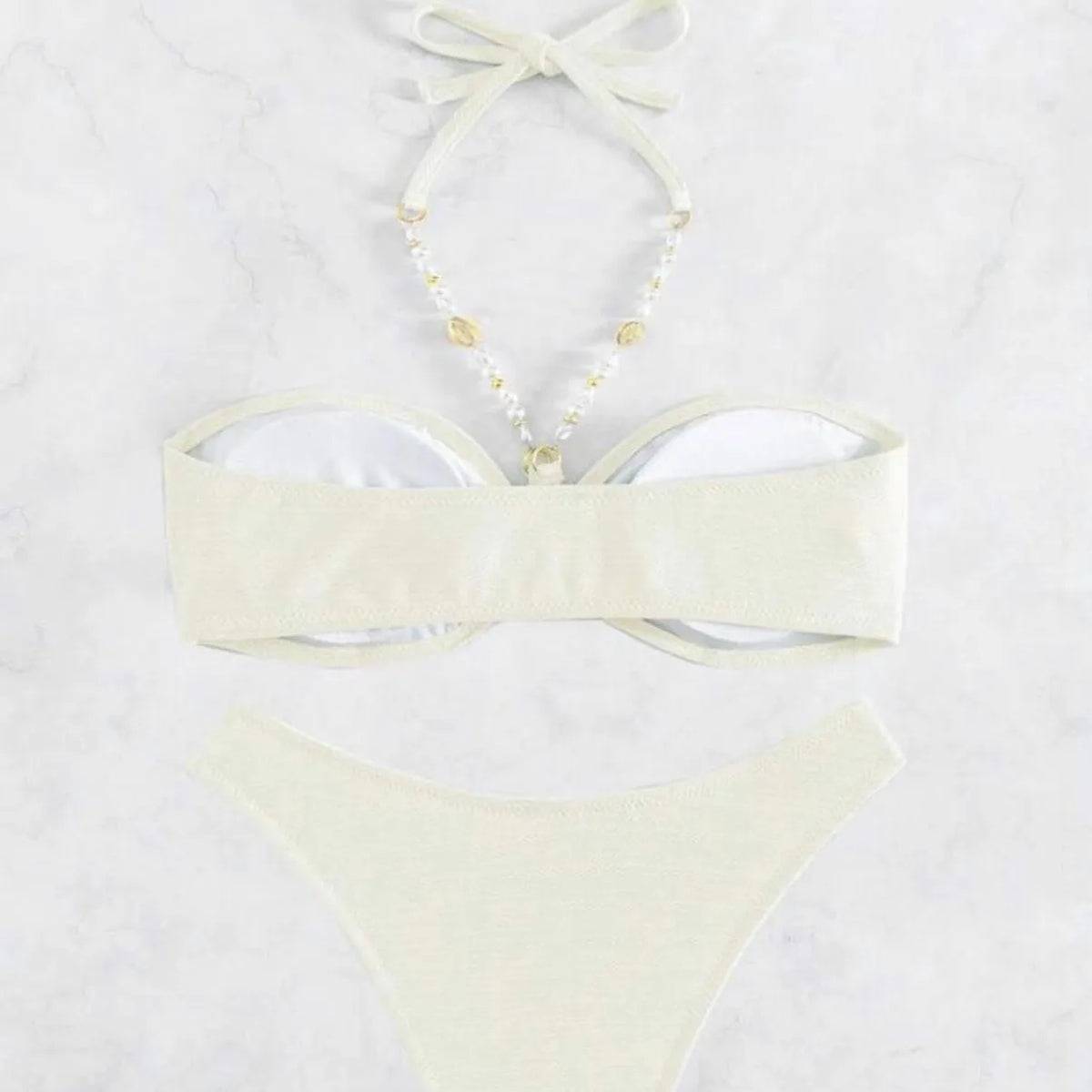 Women's solid colour halter bikini in creamy-white, green, black or pink for swimming