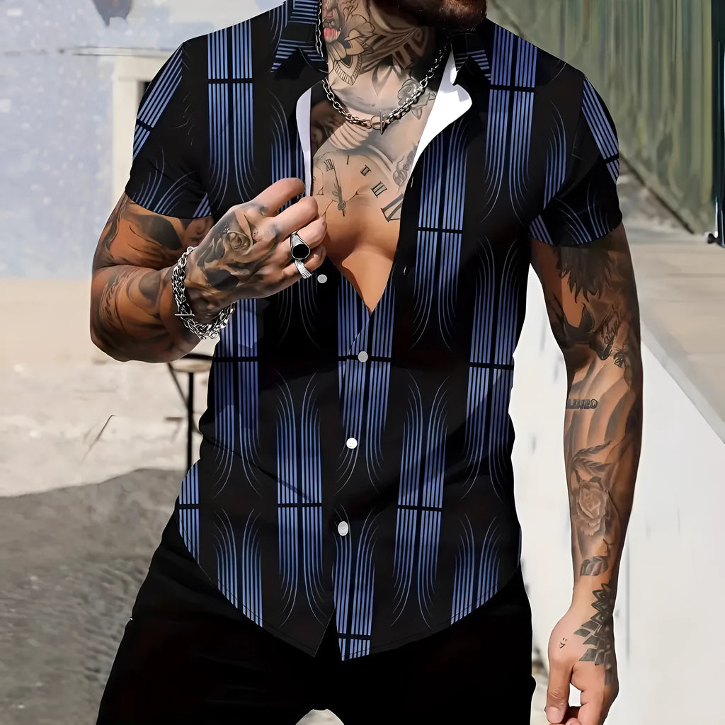 Men's slim-fit short sleeve shirt with geometric line pattern on lapel, in a selection of colours.