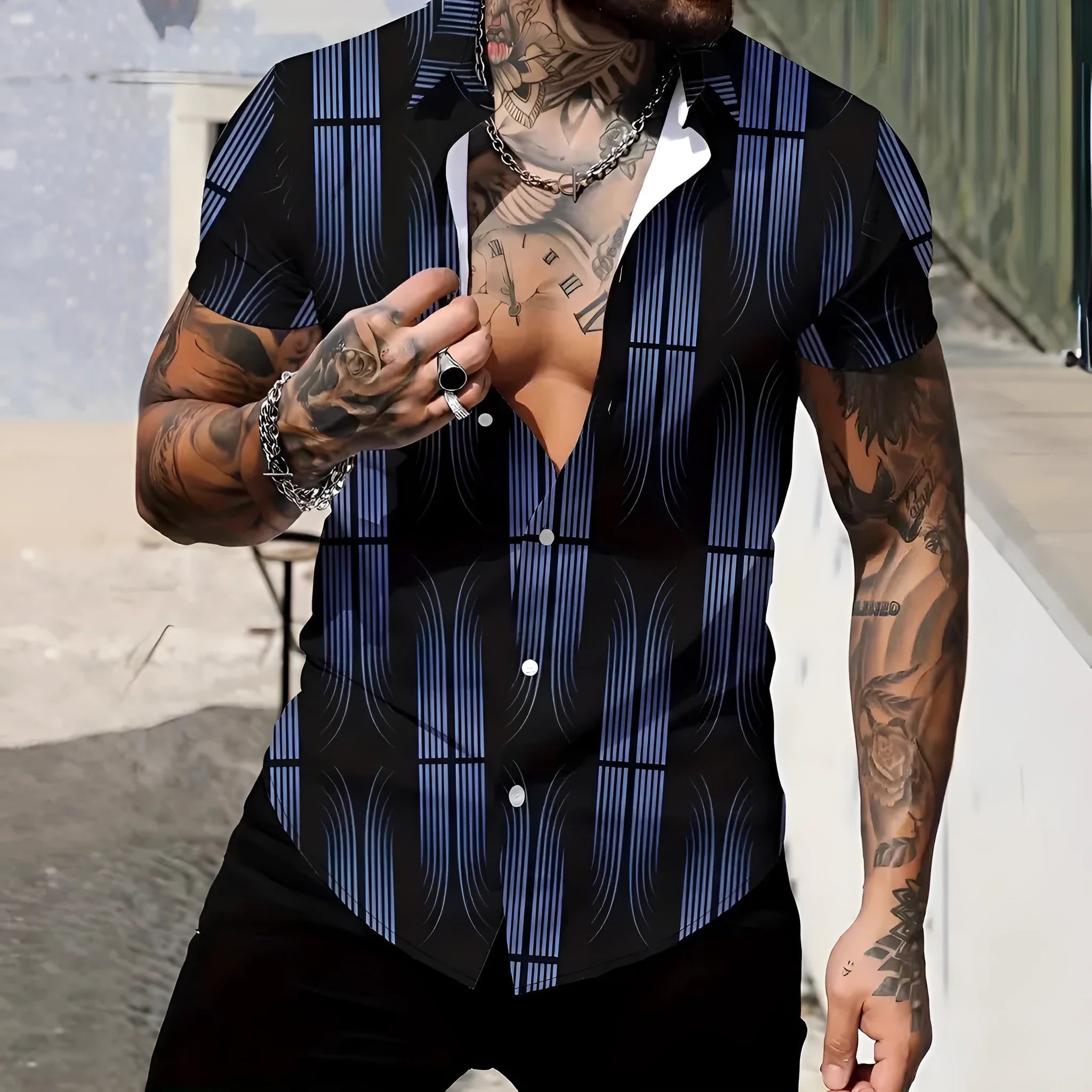 Men's slim-fit short sleeve shirt with geometric line pattern on lapel, in a selection of colours.