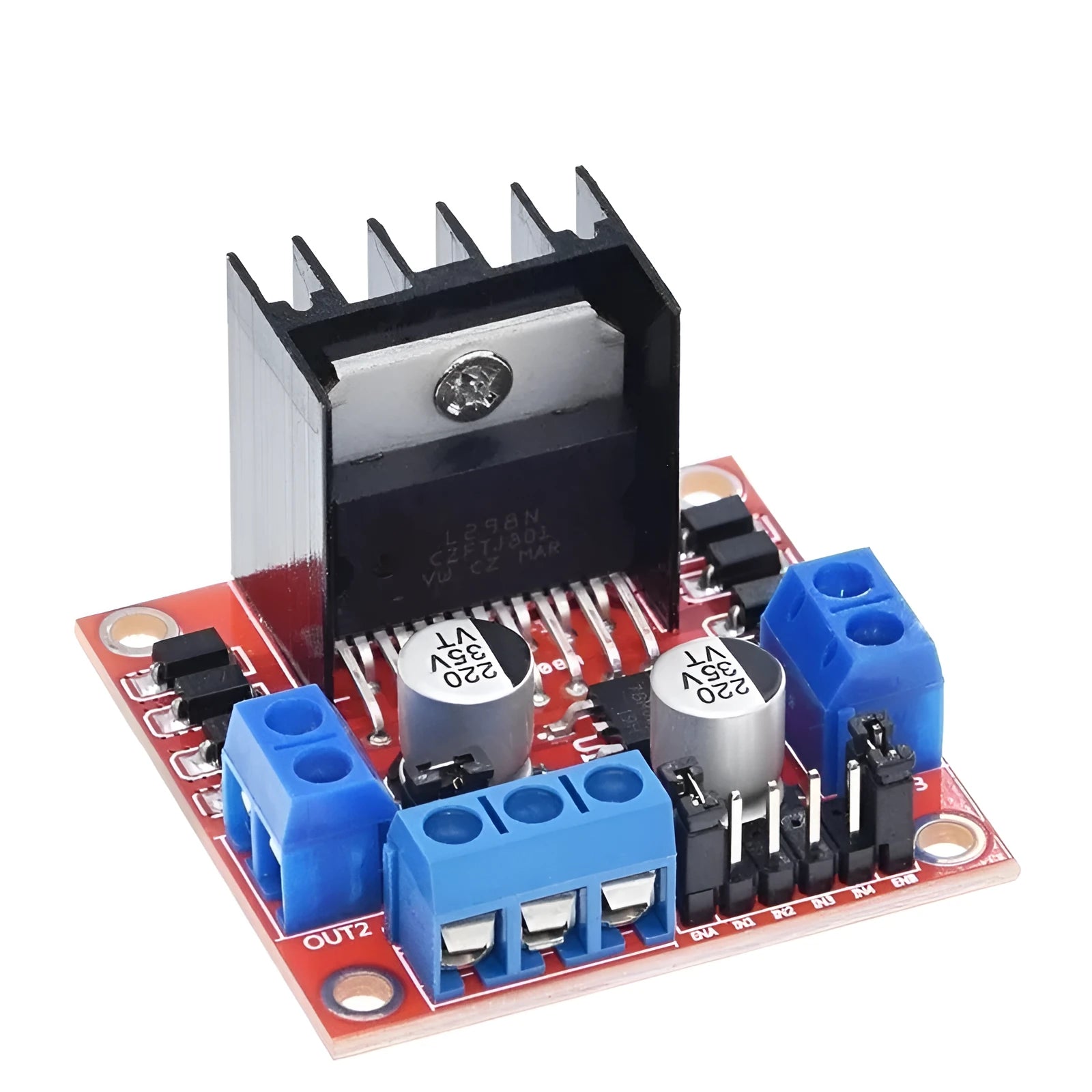 L298N motor driver module board with dual H-bridge for DC and stepper motor control