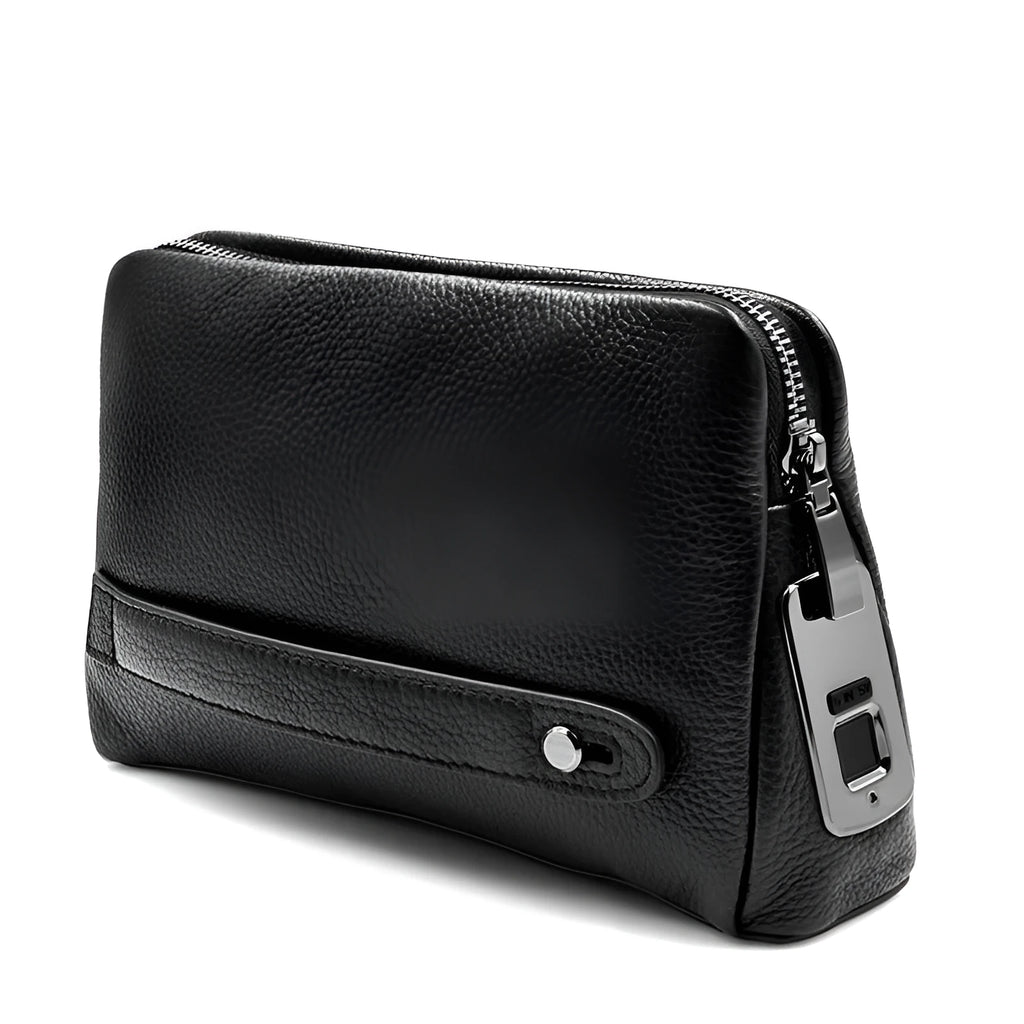 Black first layer cowhide men's fingerprint clutch wallet with zip opening and Type-C charging