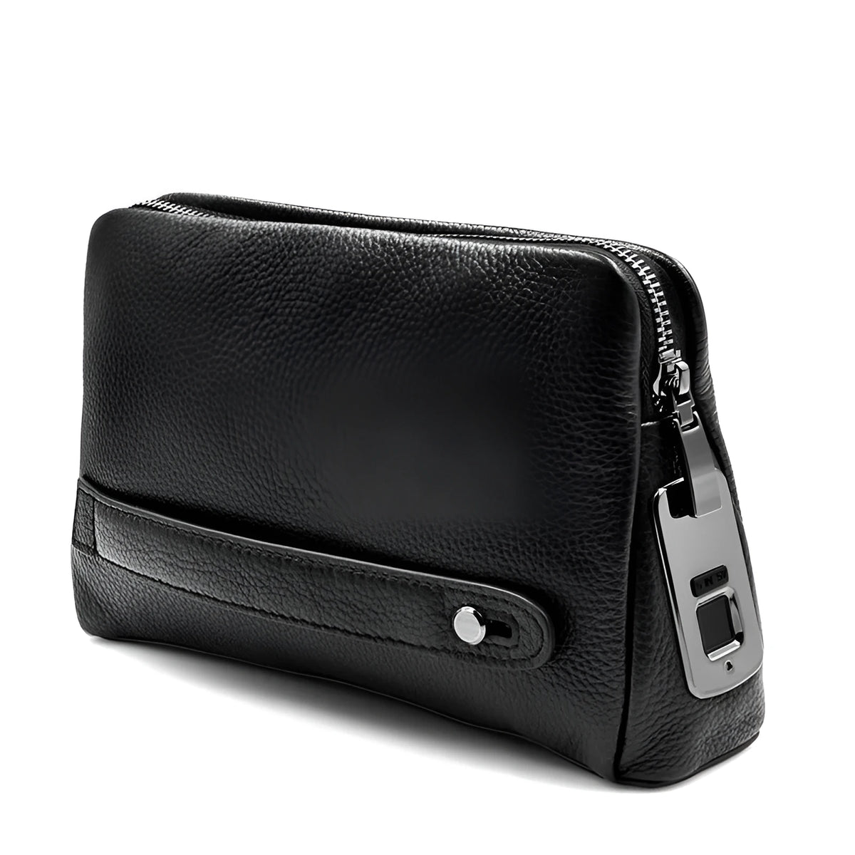 Black first layer cowhide men's fingerprint clutch wallet with zip opening and Type-C charging
