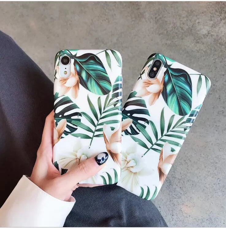 Green banana leaf and floral pattern on a soft TPU iPhone case for models like XS Max and XR.