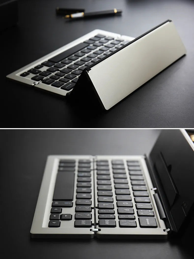 F18 three-fold folding wireless keyboard in aluminum alloy and ABS plastic, 58 keys, 22.6cm wide, Bluetooth, rechargeable.