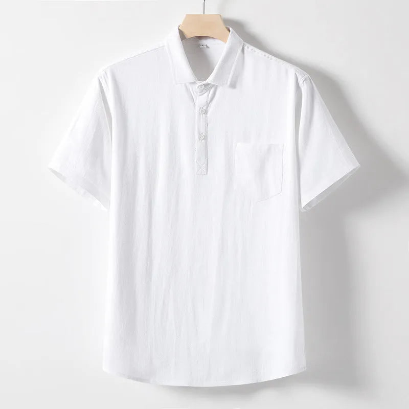 Men's loose lapel linen T-shirt in a hemp blend fabric, shown in a solid colour.