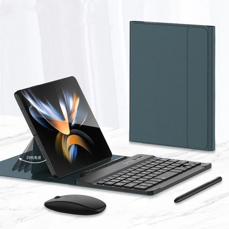 PU leather folding keyboard case for Samsung Fold with Bluetooth keyboard, mouse, pen, and stand