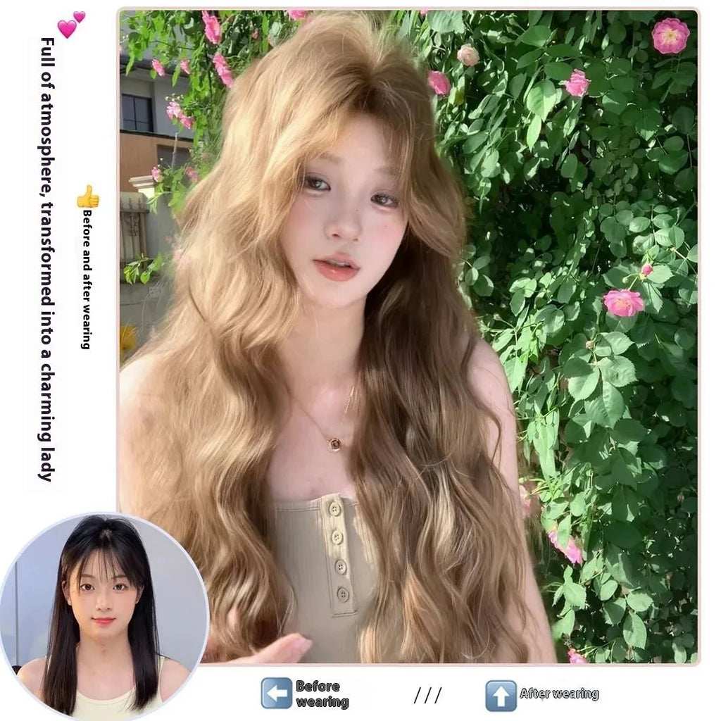 Brown linen-coloured synthetic wig with medium-length curls and included hair net