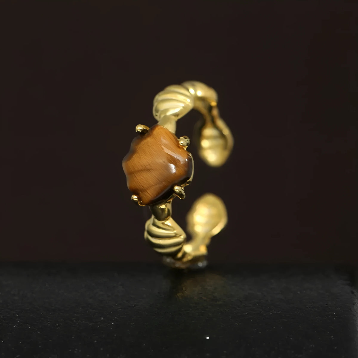 Women's adjustable ring with shell tiger eye gemstone in electroplated white gold finish