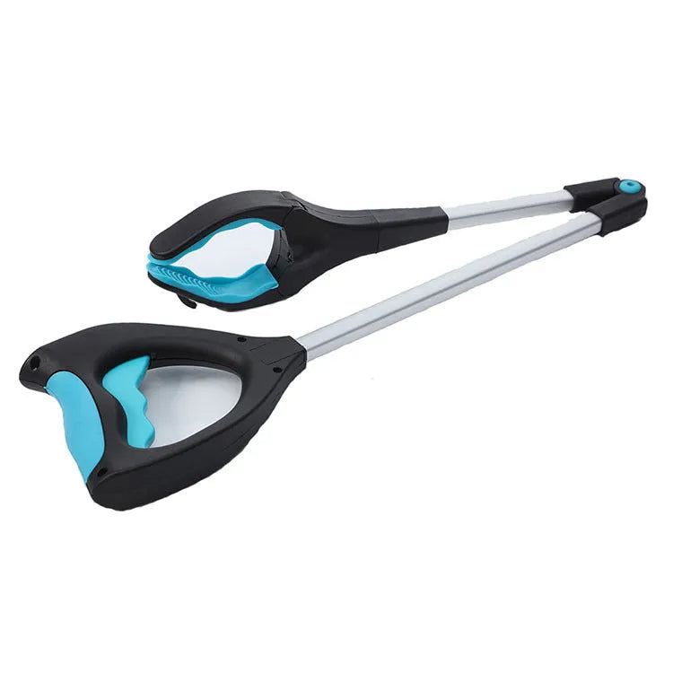 Blue foldable aluminium pickup trolley with stainless steel wheels in extended and collapsed positions