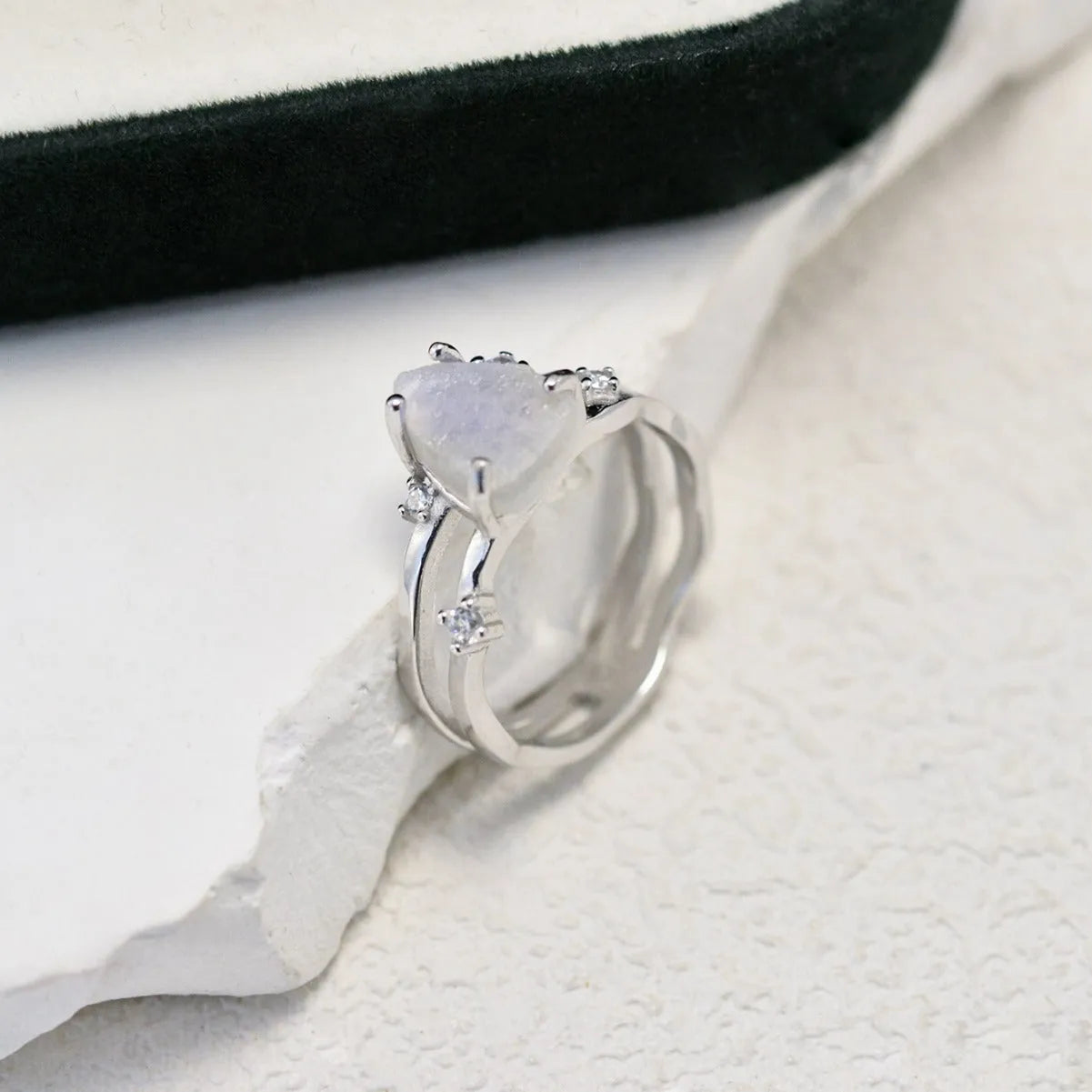 Silver irregular triangle moonstone ring in rose gold, white gold, or yellow gold electroplated finish