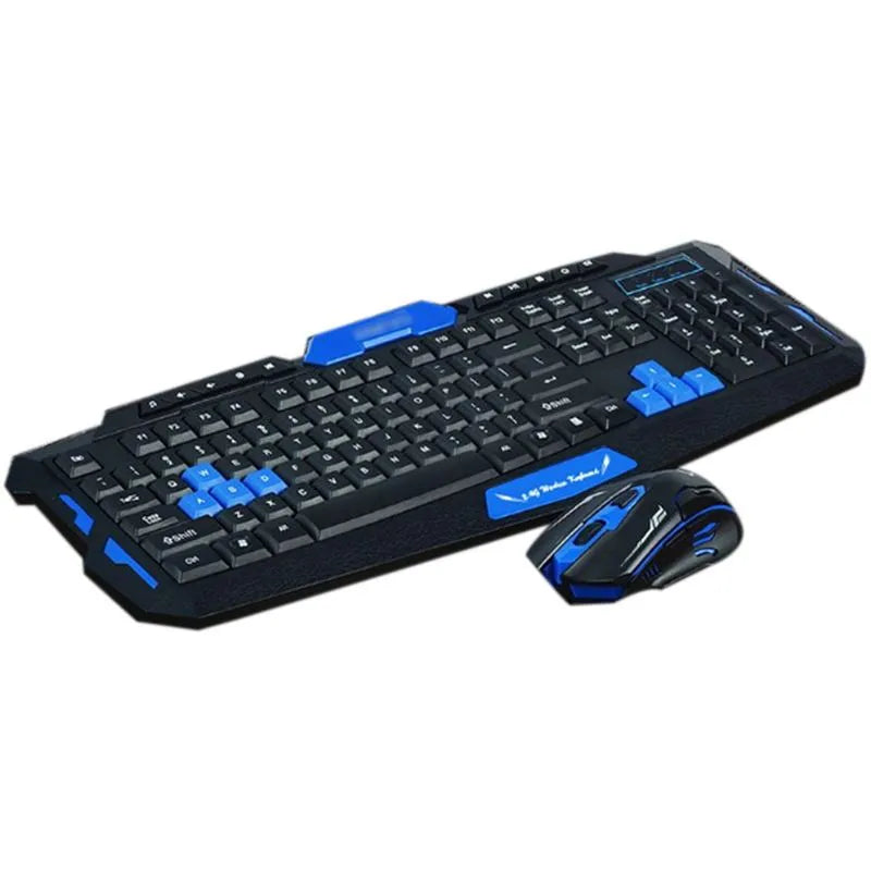 Blue and black wireless keyboard and mouse set on a desktop
