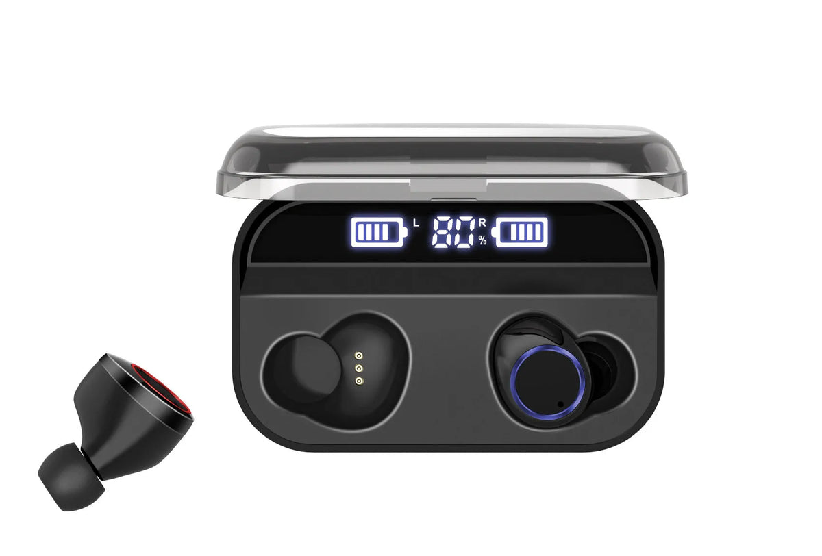 Black X11 wireless Bluetooth earbuds with charging case and six silicone ear sleeves on a white background.