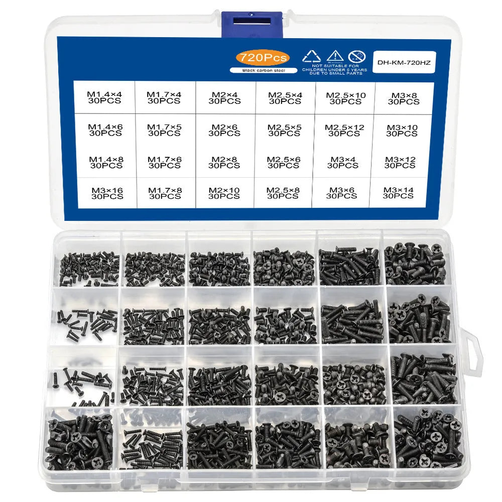 Black-plated laptop machine screws with flat countersunk head and cross-drive groove.