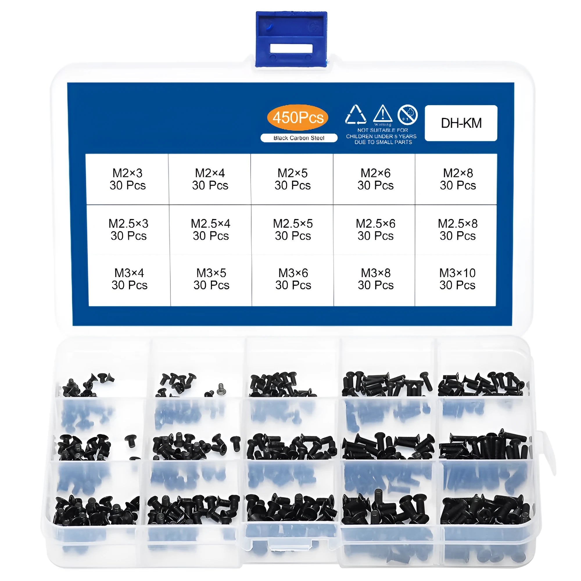 Black-plated laptop machine screws with flat countersunk head and cross-drive groove.