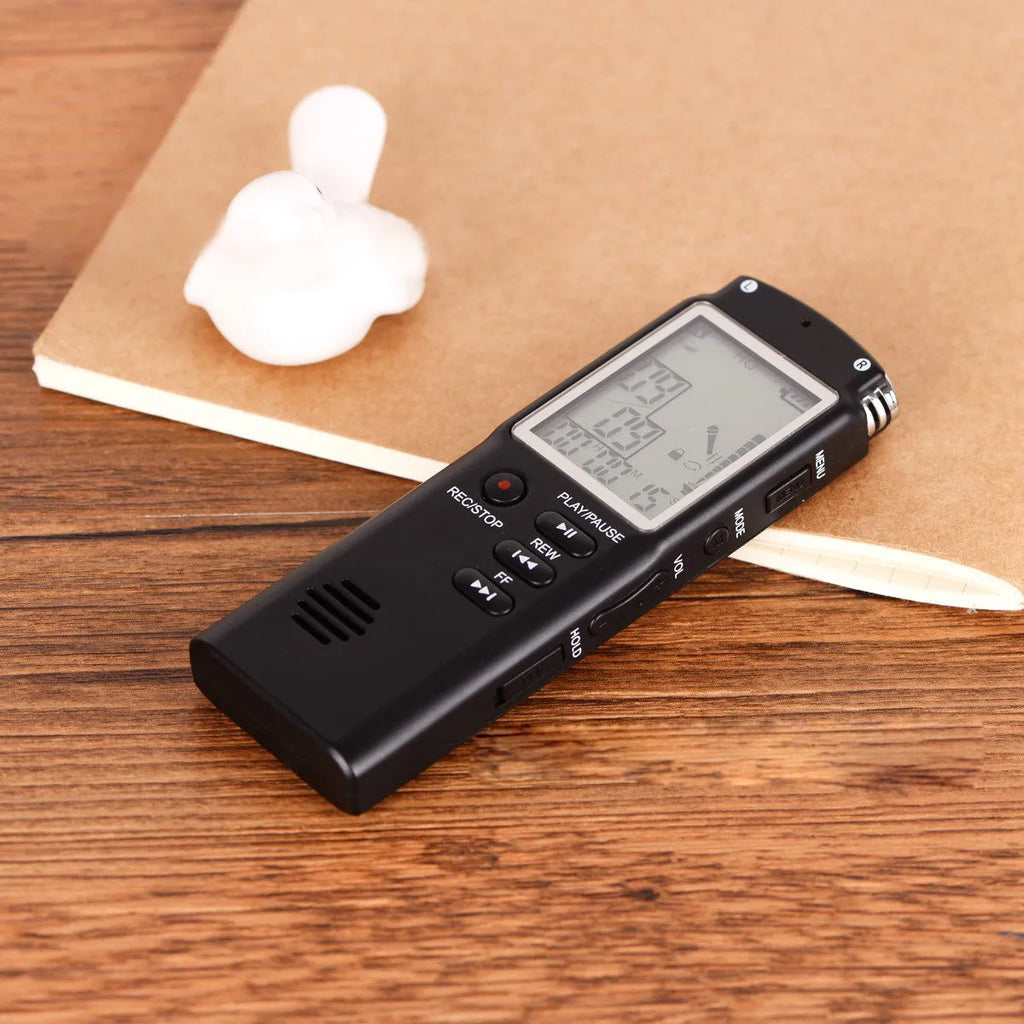 Compact black USB voice recorder for professional telephone and microphone audio recording.