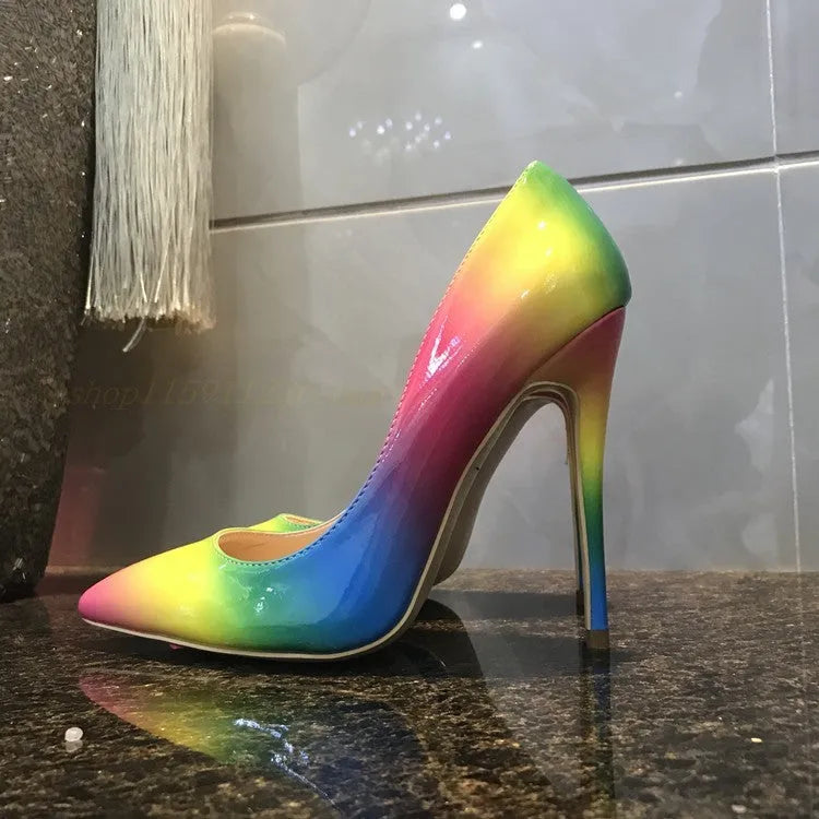 Rainbow patent leather women's ultra-high heel stiletto shoes with pointed toe